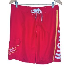 Vintage Miller High Life Mens Board Shorts Red Swim‎ Trunks Cargo Pocket Size 35